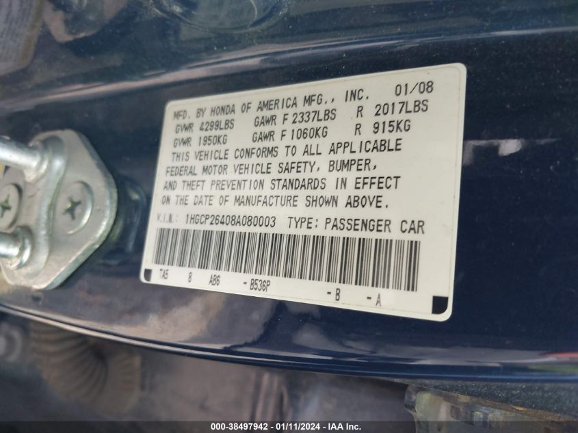 1HGCP26408A080003 | 2008 HONDA ACCORD