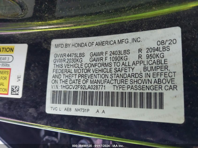 2020 HONDA ACCORD TOURING - 1HGCV2F92LA028771