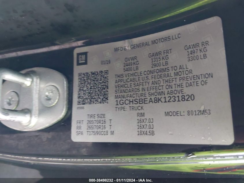 2019 CHEVROLET COLORADO - 1GCHSBEA8K1231820