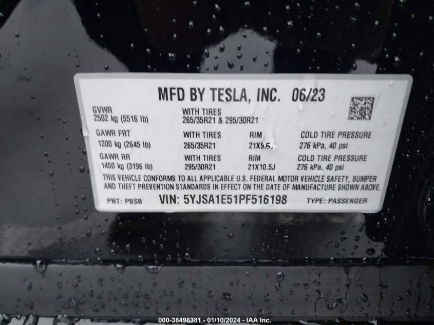 2023 TESLA MODEL S DUAL MOTOR ALL-WHEEL DRIVE/STANDARD RANGE - 5YJSA1E51PF516198