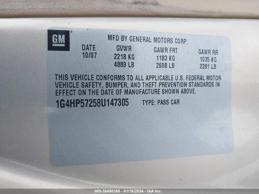 1G4HP57258U147305 | 2008 BUICK LUCERNE