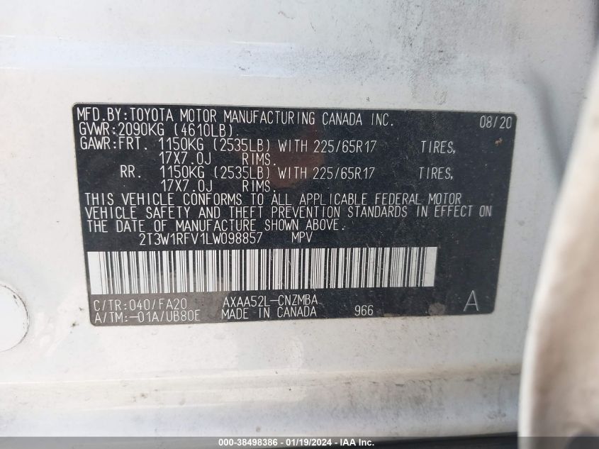 2020 TOYOTA RAV4 XLE - 2T3W1RFV1LW098857
