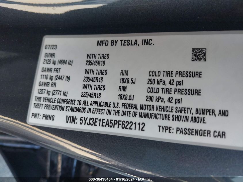 2023 TESLA MODEL 3 REAR-WHEEL DRIVE - 5YJ3E1EA5PF622112