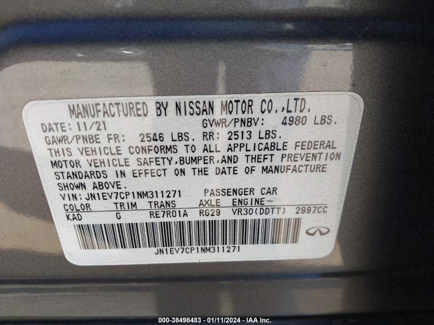 2022 INFINITI Q50 SENSORY JN1EV7CP1NM311271