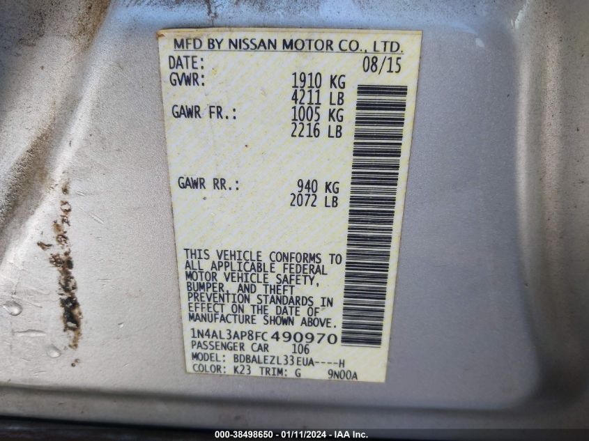 2015 NISSAN ALTIMA 2.5 S - 1N4AL3AP8FC490970