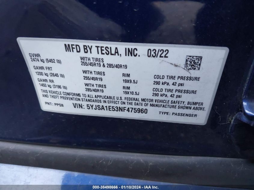 2022 TESLA MODEL S - 5YJSA1E53NF475960