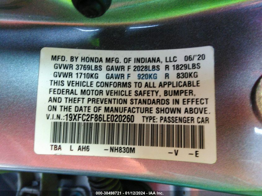 2020 HONDA CIVIC SPORT - 19XFC2F86LE020260