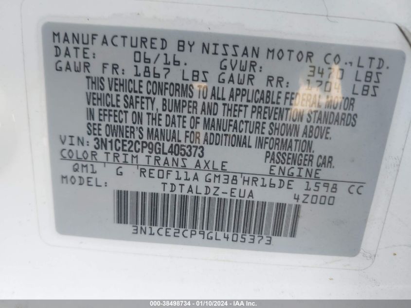 2016 NISSAN VERSA NOTE S/S PLUS/SV/SL/SR - 3N1CE2CP9GL405373