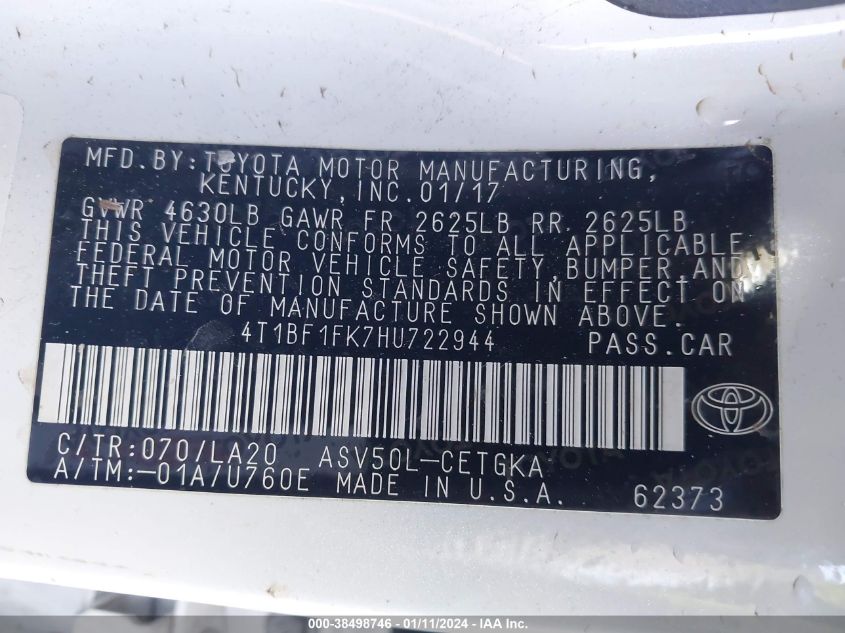2017 TOYOTA CAMRY XLE - 4T1BF1FK7HU722944