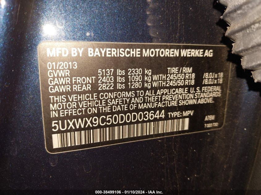 2013 BMW X3 XDRIVE28I - 5UXWX9C50D0D03644