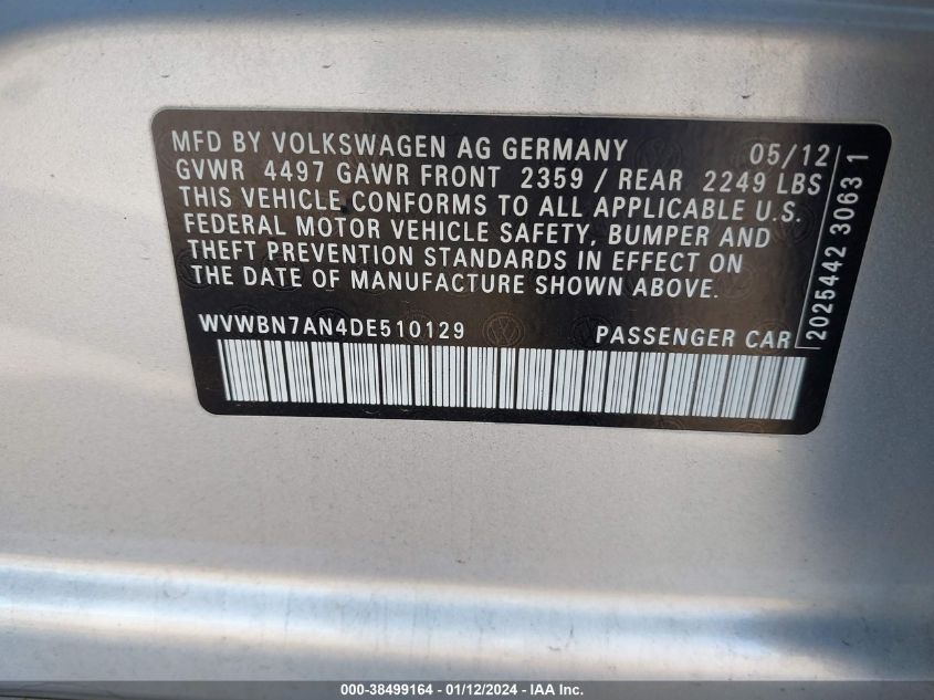 2013 VOLKSWAGEN CC 2.0T SPORT PLUS - WVWBN7AN4DE510129