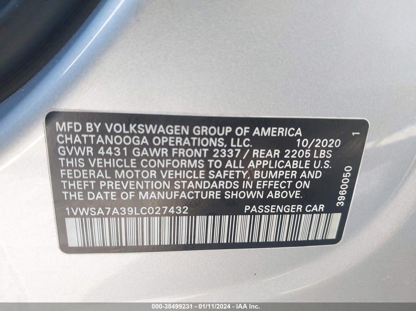 VIN 1VWSA7A39LC027432 2020 VOLKSWAGEN PASSAT SE