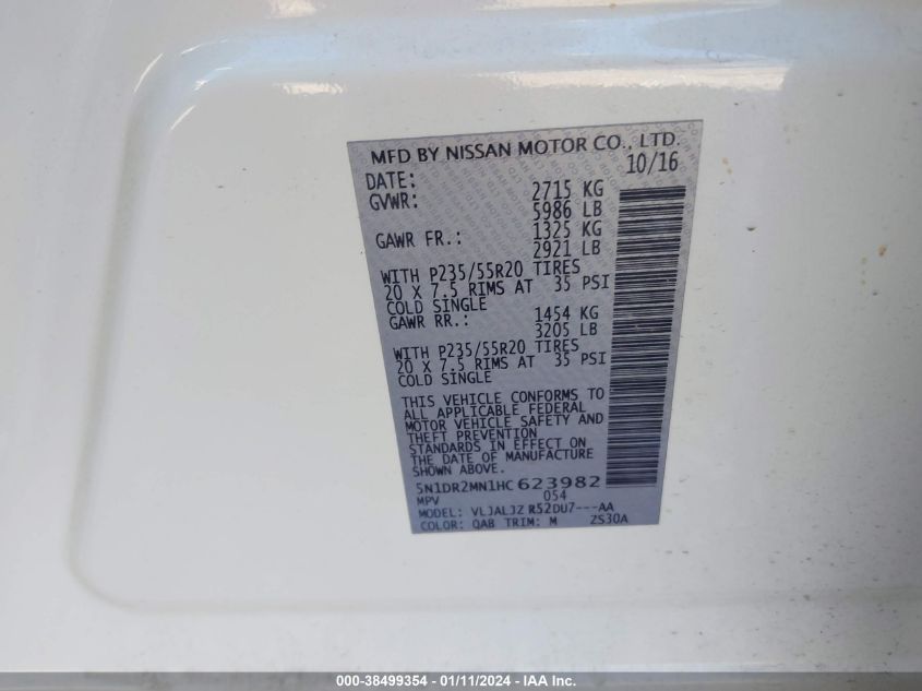 2017 NISSAN PATHFINDER PLATINUM - 5N1DR2MN1HC623982