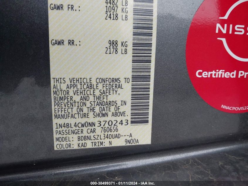 2022 NISSAN ALTIMA SR - 1N4BL4CW0NN370243