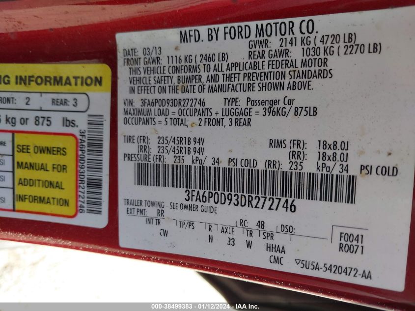 2013 FORD FUSION TITANIUM - 3FA6P0D93DR272746