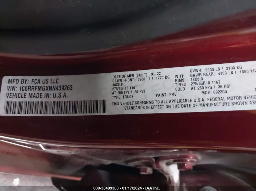 2022 RAM 1500 BIG HORN/LONE STAR - 1C6RRFMGXNN439263