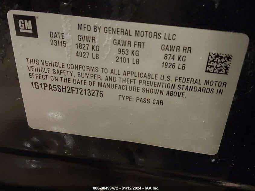 2015 CHEVROLET CRUZE LS - 1G1PA5SH2F7213276