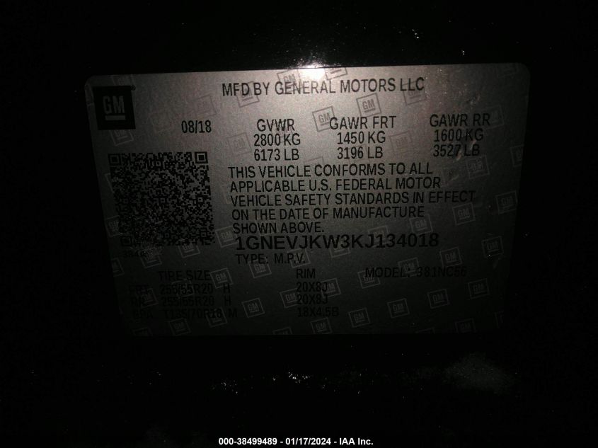 2019 CHEVROLET TRAVERSE HIGH COUNTRY/RS - 1GNEVJKW3KJ134018