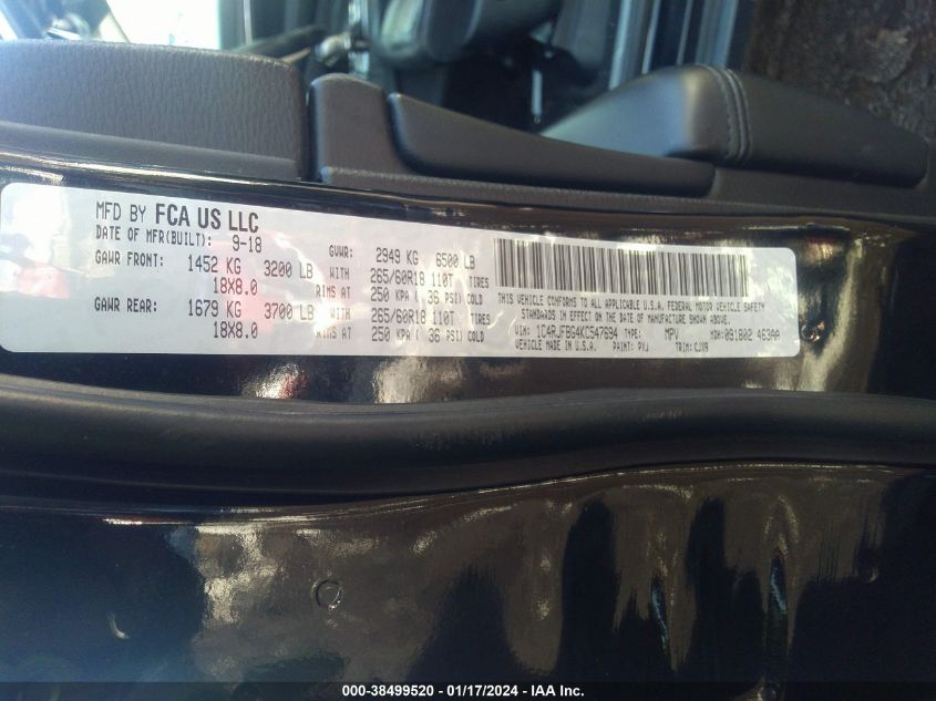 VIN 1C4RJFBG4KC547694 2019 JEEP GRAND CHEROKEE LIMITED 4X4