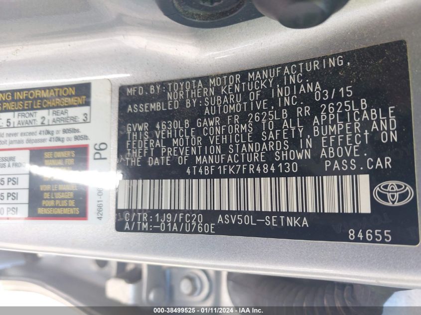 2015 TOYOTA CAMRY LE/XLE/SE/XSE - 4T4BF1FK7FR484130