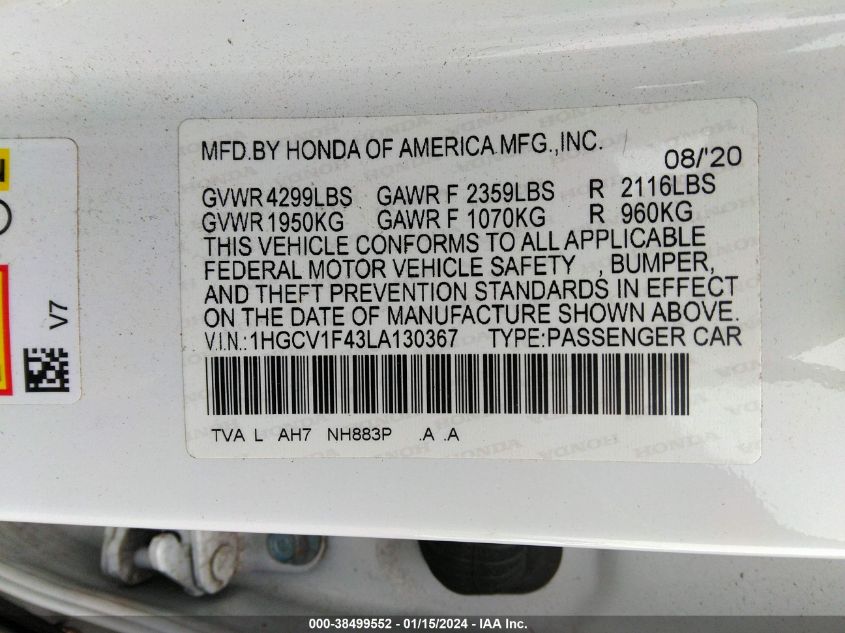 2020 HONDA ACCORD EX - 1HGCV1F43LA130367