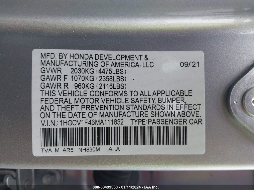 2021 HONDA ACCORD SPORT SE - 1HGCV1F46MA111832