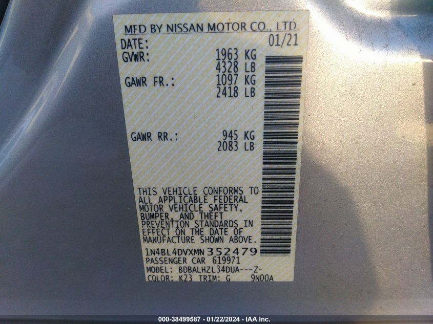 2021 NISSAN ALTIMA SV - 1N4BL4DVXMN352479