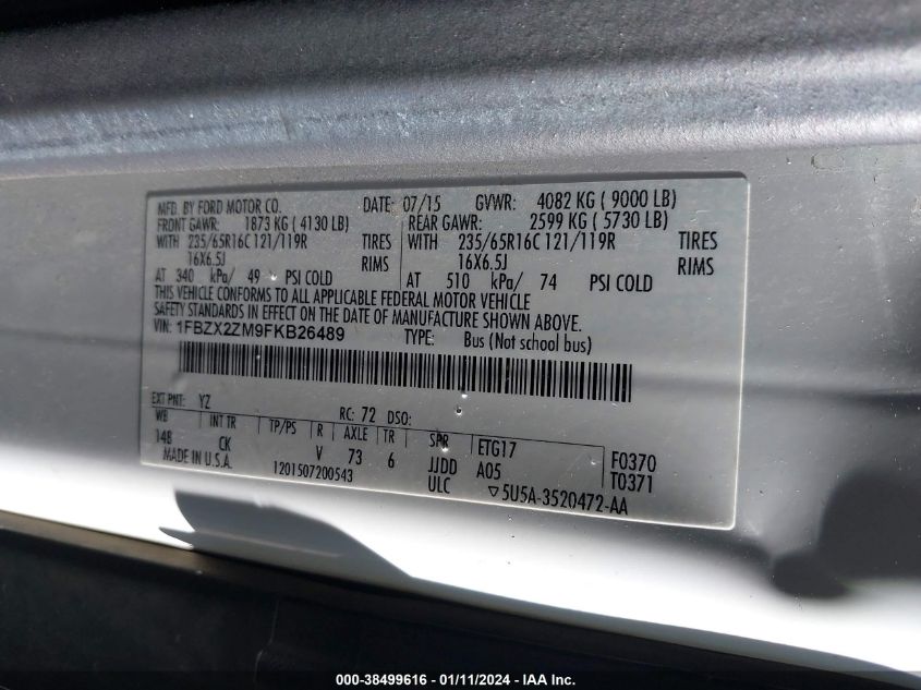 2015 FORD TRANSIT-350 T-350 - 1FBZX2ZM9FKB26489