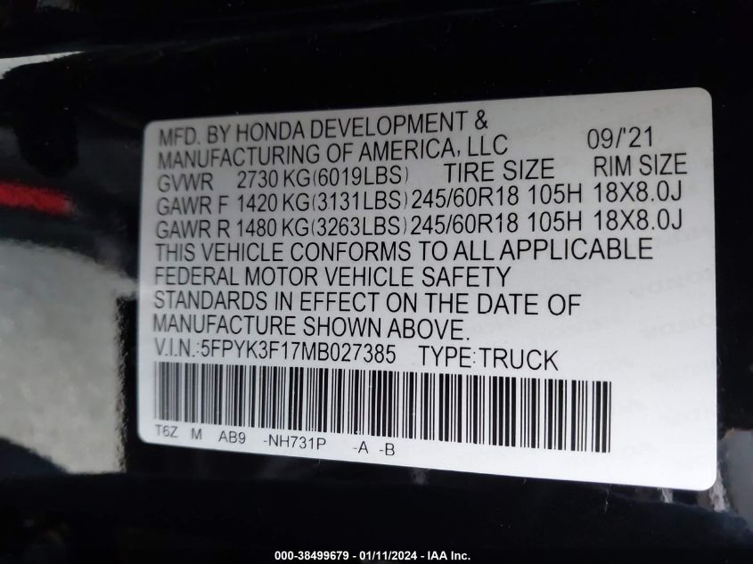 2021 HONDA RIDGELINE SPORT - 5FPYK3F17MB027385