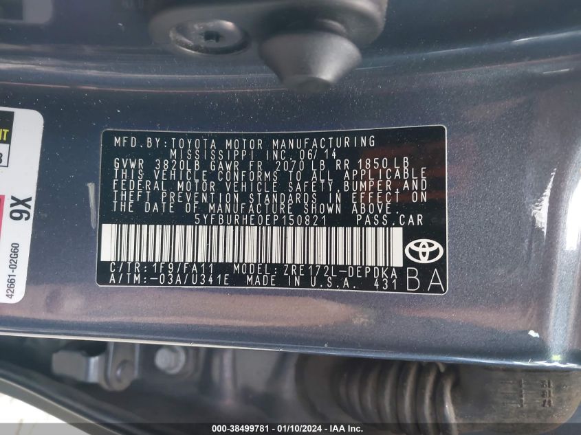 2014 TOYOTA COROLLA L - 5YFBURHE0EP150821