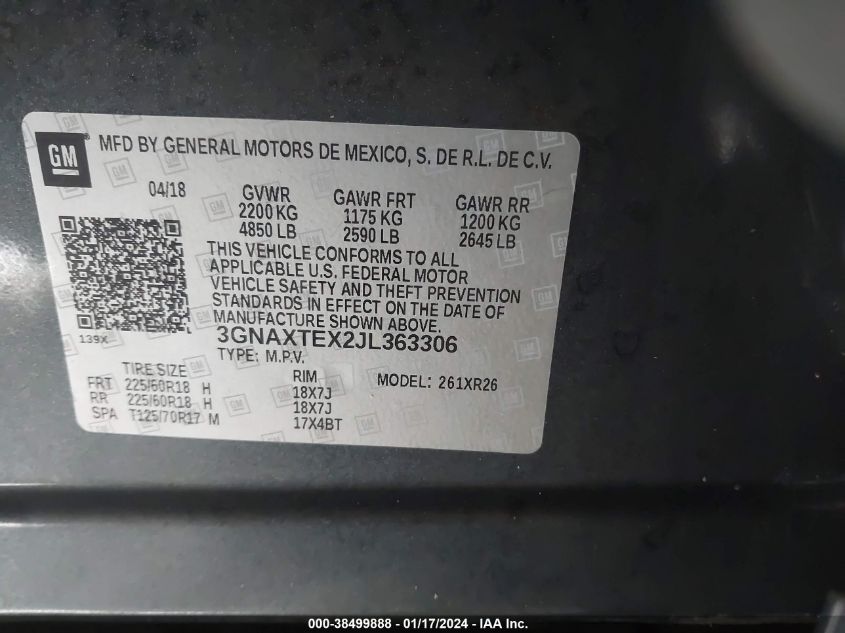 2018 CHEVROLET EQUINOX LT - 3GNAXTEX2JL363306