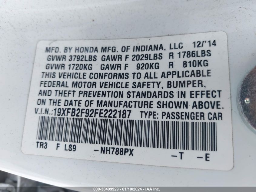 2015 HONDA CIVIC EXL - 19XFB2F92FE222187