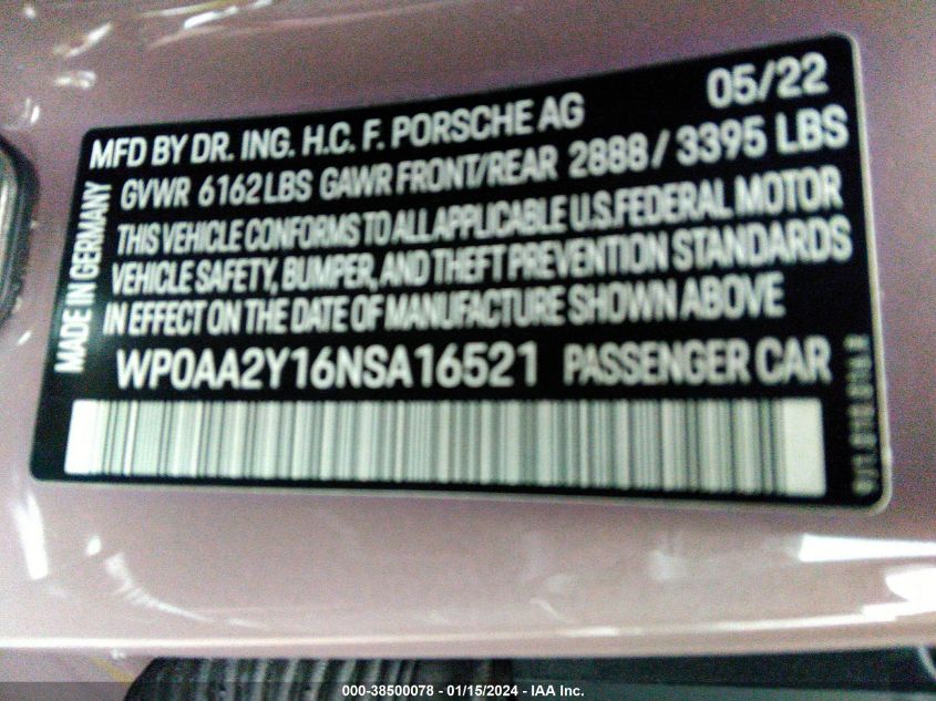 2022 PORSCHE TAYCAN - WP0AA2Y16NSA16521