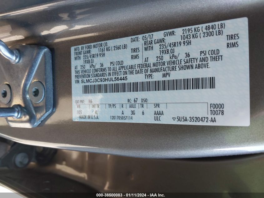 2017 LINCOLN MKC RESERVE - 5LMCJ3C93HUL56445