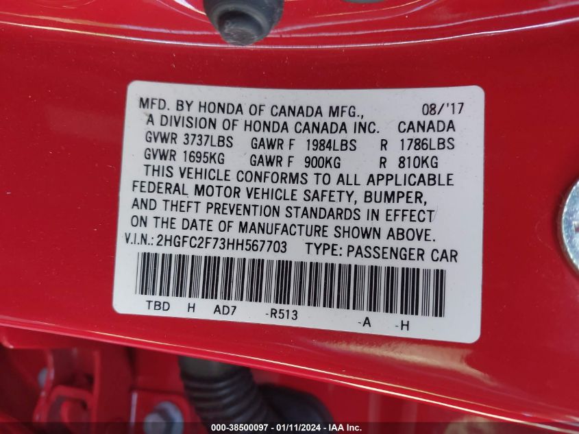 2017 HONDA CIVIC EX - 2HGFC2F73HH567703