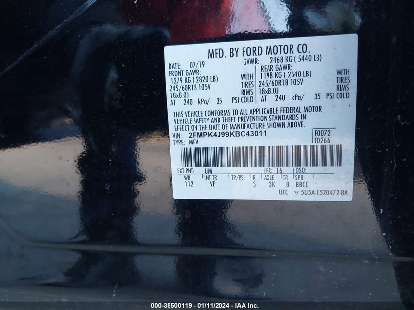 VIN 2FMPK4J99KBC43011 2019 FORD EDGE SEL