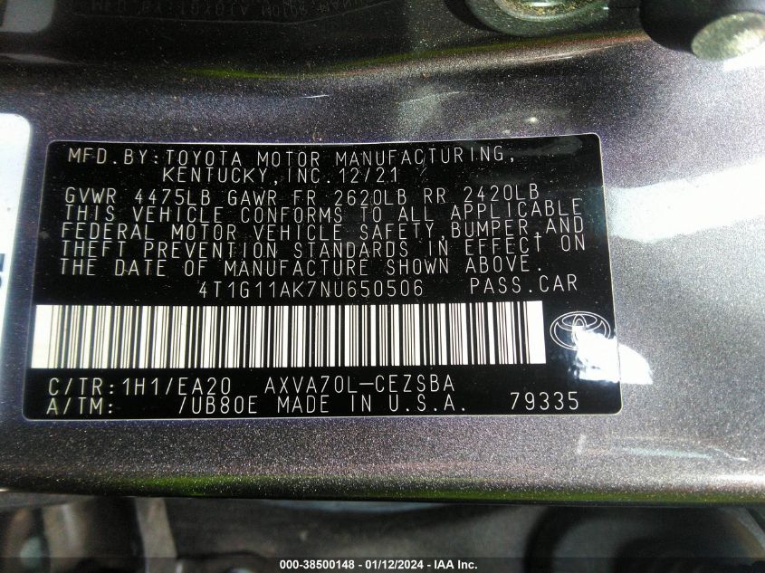 2022 TOYOTA CAMRY SE/SE NIGHT SHADE - 4T1G11AK7NU650506