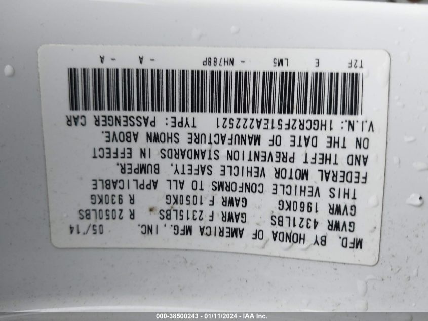 2014 HONDA ACCORD SPORT - 1HGCR2F51EA222521
