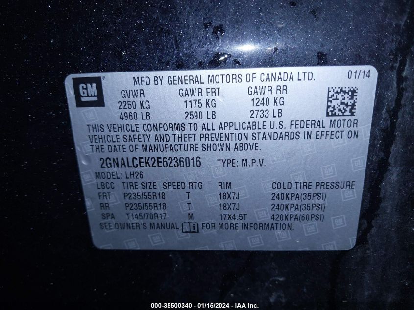 2014 CHEVROLET EQUINOX LT - 2GNALCEK2E6236016