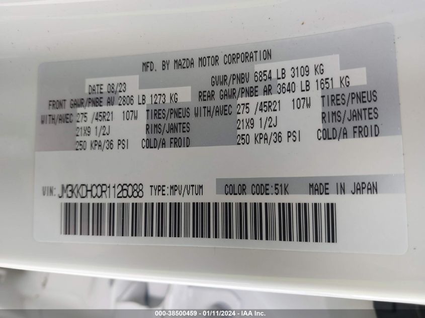 2024 MAZDA CX90 MHEV PREMIUM JM3KKDHC0R1126088