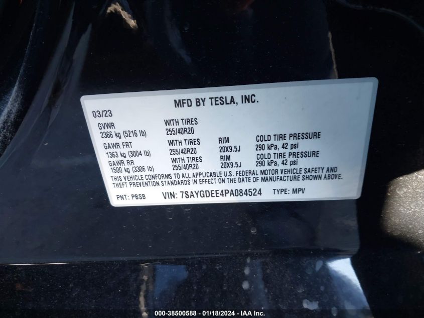 2023 TESLA MODEL Y AWD/LONG RANGE DUAL MOTOR ALL-WHEEL DRIVE - 7SAYGDEE4PA084524