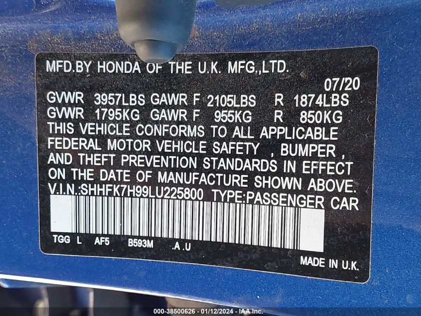 2020 HONDA CIVIC SPORT TOURING - SHHFK7H99LU225800