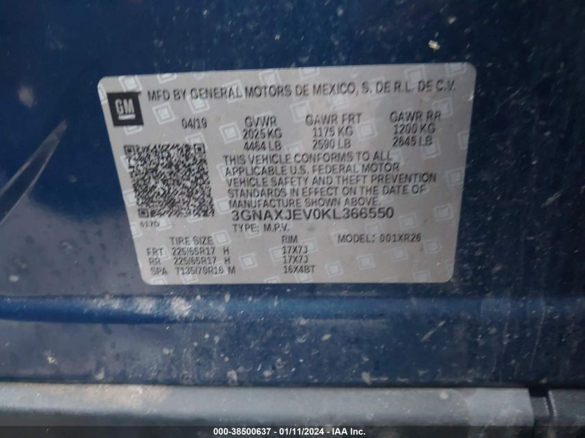 2019 CHEVROLET EQUINOX LT - 3GNAXJEV0KL366550