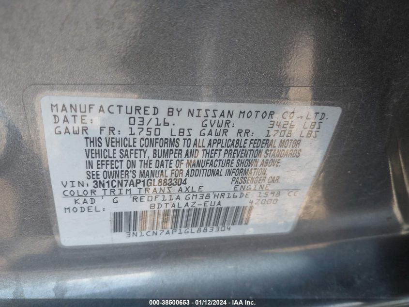 2016 NISSAN VERSA S/S PLUS/SV/SL - 3N1CN7AP1GL883304