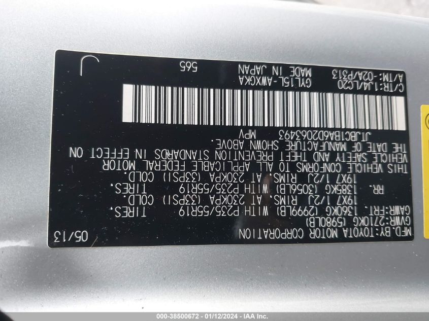 2013 LEXUS RX 450H - JTJBC1BA6D2063493