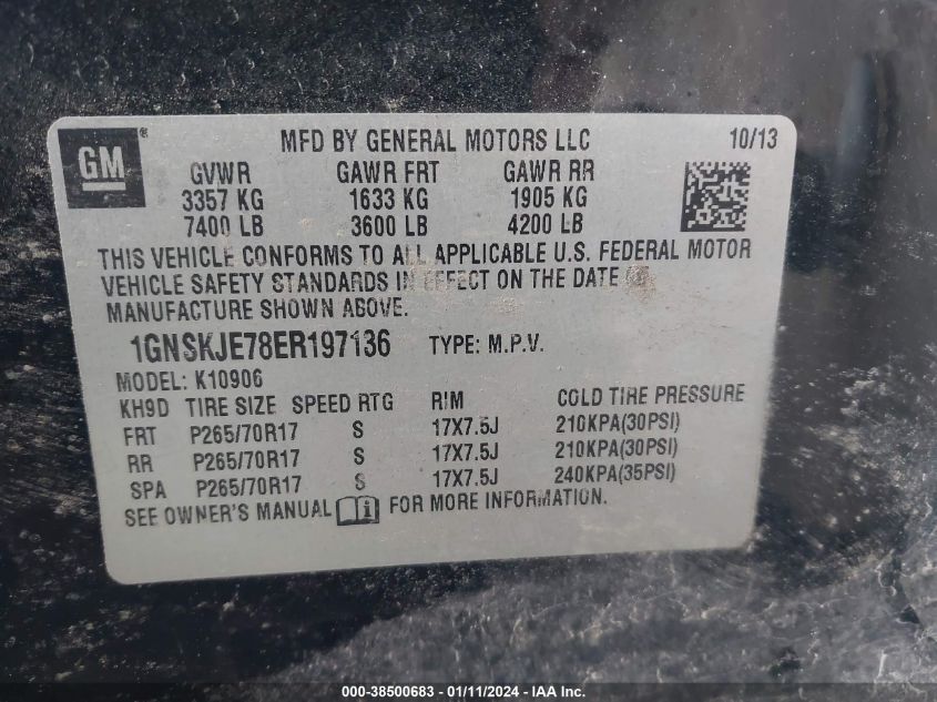 2014 CHEVROLET SUBURBAN 1500 LT - 1GNSKJE78ER197136