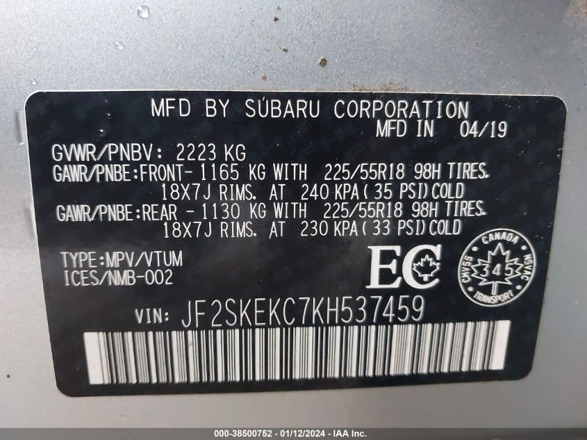 2019 SUBARU FORESTER SPORT - JF2SKEKC7KH537459