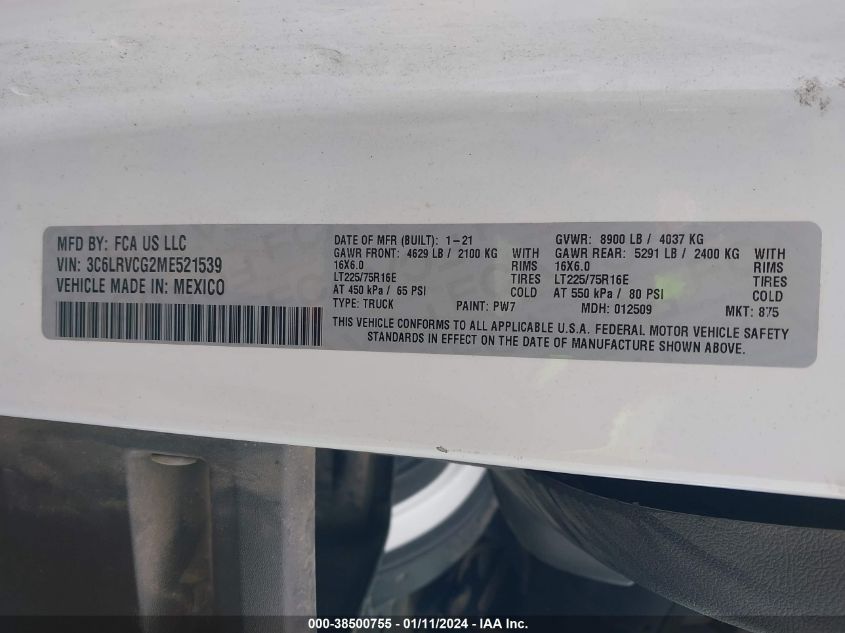 2021 RAM PROMASTER 2500 2500 HIGH 3C6LRVCG2ME521539