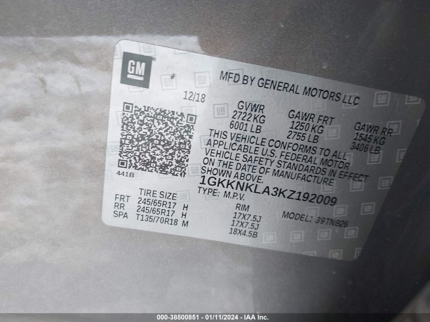 2019 GMC ACADIA SLE - 1GKKNKLA3KZ192009