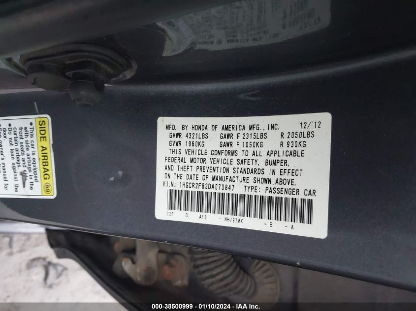 1HGCR2F83DA070847 | 2013 HONDA ACCORD